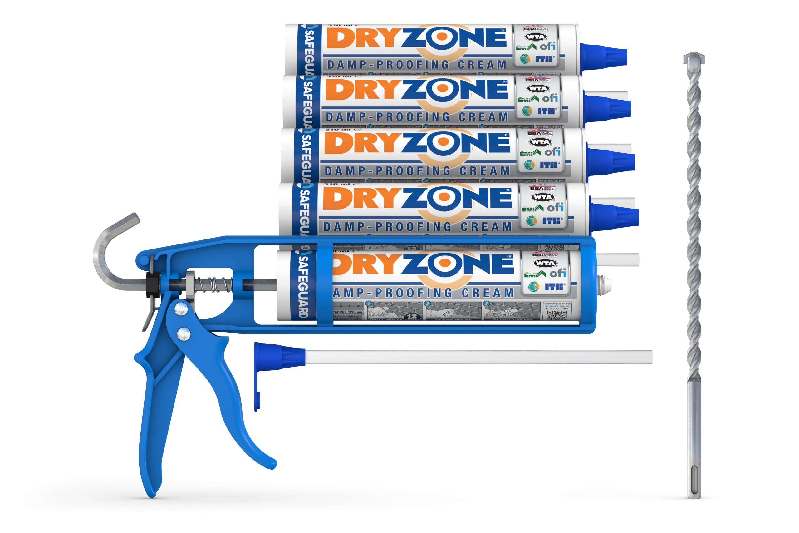 Dryzone Damp Proofing Cream Kit (Pack of 5 DPC Injection + Cox Mastic Gun & Drill Bit) High-Strength, BBA & WTA Approved Rising Damp Treatment.
