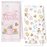 YRDBGHZDF Pink Gingerbread Cocoa Christmas Kitchen Towels, Sweet Christmas Dish Tea Towels, Pink Candy Snowman Festive Winter Holiday Decorative Hand Towel for Kitchen Party, 16x24 Inch Set of 2