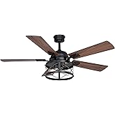 VAXCEL Elburn 52 in. Black Indoor Rod Mount Farmhouse Ceiling Fan with Reversible Dark Bronze-Walnut Blades, Dimmable LED Lig