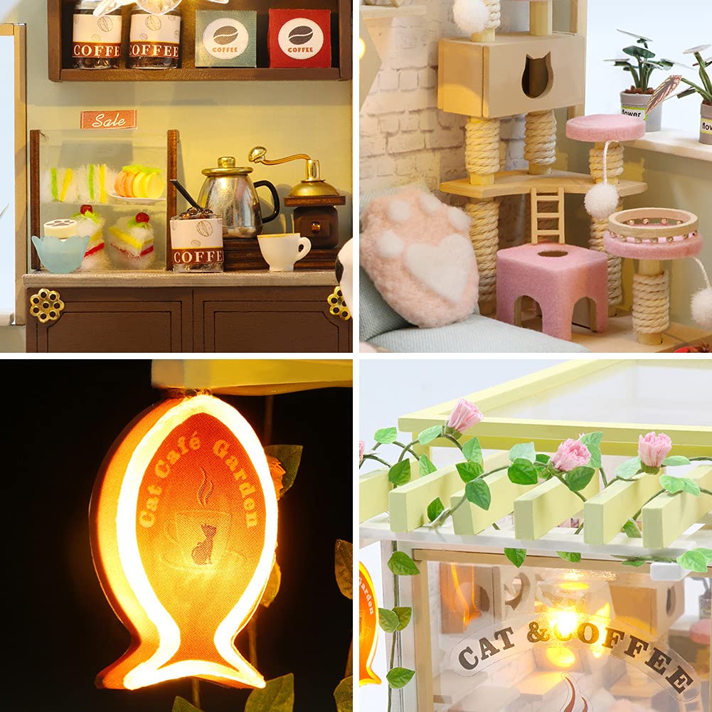 WonDerfulC Cat Cafe Wooden Miniature Dollhouse Kit DIY Pet Cat Coffee Shop Building Model Accessories with Furniture LED Light Music Box Birthday (no Dust Cover)