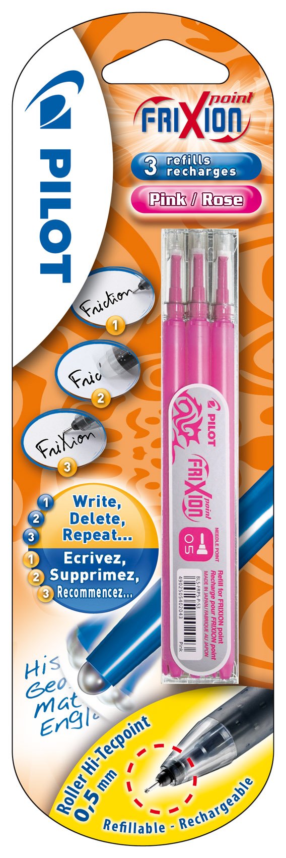 Pilot Refills for Frixion Point Rollerball 0.5 mm (Pack of 3) - Pink Retail Pack