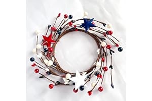 CCUUHJ 2 Pack Mini Wreath Red White & Blue Star Mixed Berries & Pip Berry Candle Rings, Patriotic Decorations 4th of July Candle Rings Small Wreaths,4 inch Center for Pillar Candle (Metallic-2pc)