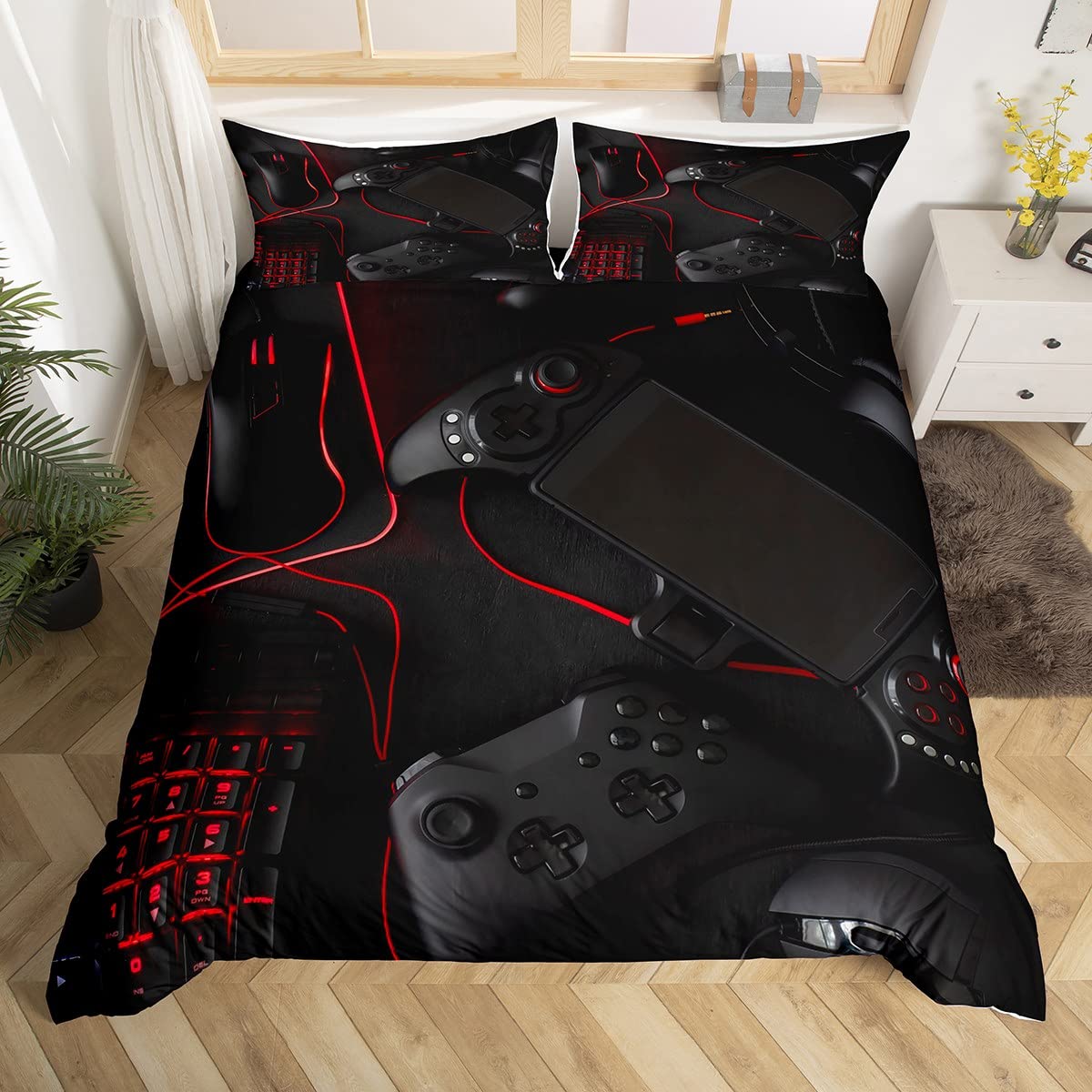 Loussiesd Game Gamepad Comforter Cover Modern Video Game Controller Bedding Set for Boys Teens Children Gaming Gamer Console Bedding Duvet Cover Set Black Red Single Size Bedding & Linen 2Pcs