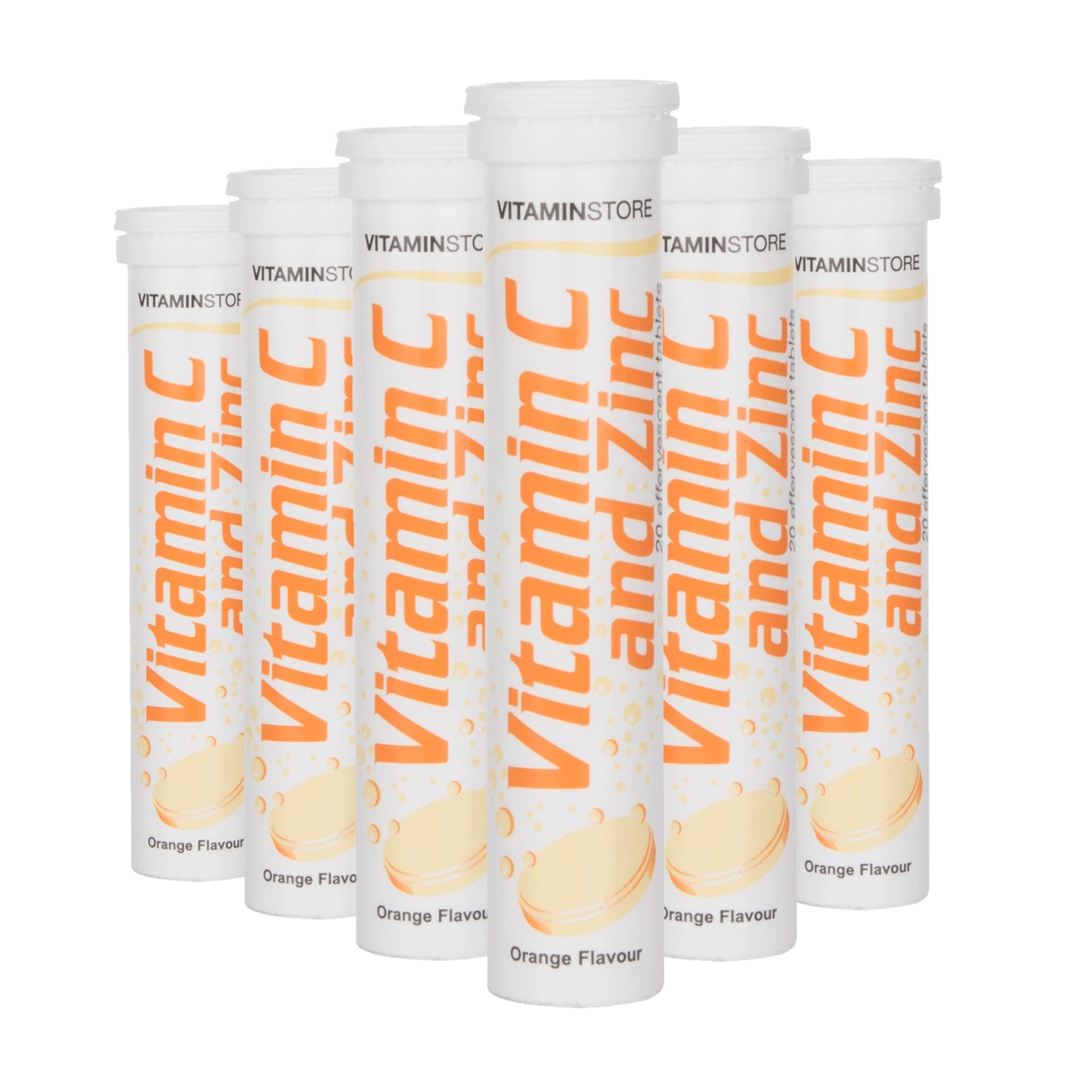 Vitamin Store Vitamin C and Zinc Effervescent Tablets, Orange Flavoured, Suitable for Vegans, 6 Packs of 20