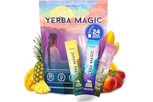 BRAINISTA Yerba Magic Instant Yerba Mate Powder Packets – Clean Energy & Focus Drink Mix for Gut Health – Nootropic Blend with Lion’s Mane, L-Theanine, Prebiotics & Probiotics – Low Sugar Natural Caffeine – Variety Pack, 24 Sticks