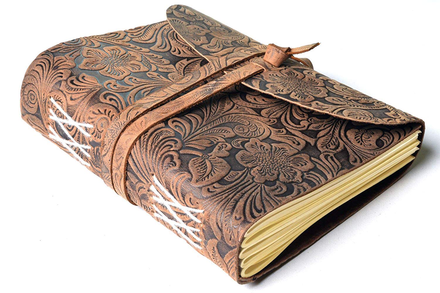 Handmade Writing Notebook - Antique Vintage Leather Bound Daily Notepad For Men Women Unlined Paper Art Sketchbook Travel Diary Notebooks to Write in Book Gift (Brown Flower Print Distressed)