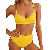Jolefille Underwire Bikini Sets for Women High Waisted Swimsuits Tummy Control Ribbed Bathing Suits 2 Piece Push Up Swim Suit