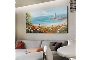 Ardemy Flowers Wall Art Canvas Blue Ocean Lighthouse Painting Seascape Landscape Coastal Picture Textured Floral Artwork Large Framed for Living Room Bedroom Bathroom Home Office Wall Decor, 40"x20"