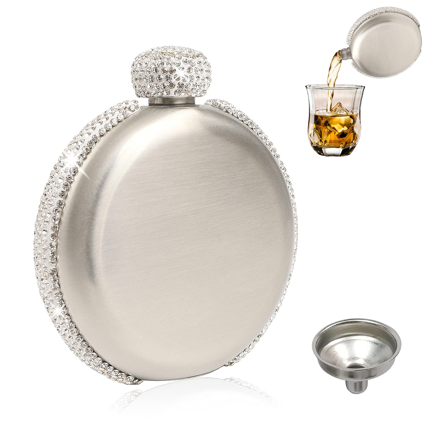 Photo 1 of (MISSING FUNNEL) INTOR Hip Liquor Flask for Women, Leakproof Wine Flasks 304 Stainless Steel Rhinestone Portable Flask with Funnel, Women Girls Bling Gift(Silver/5oz)