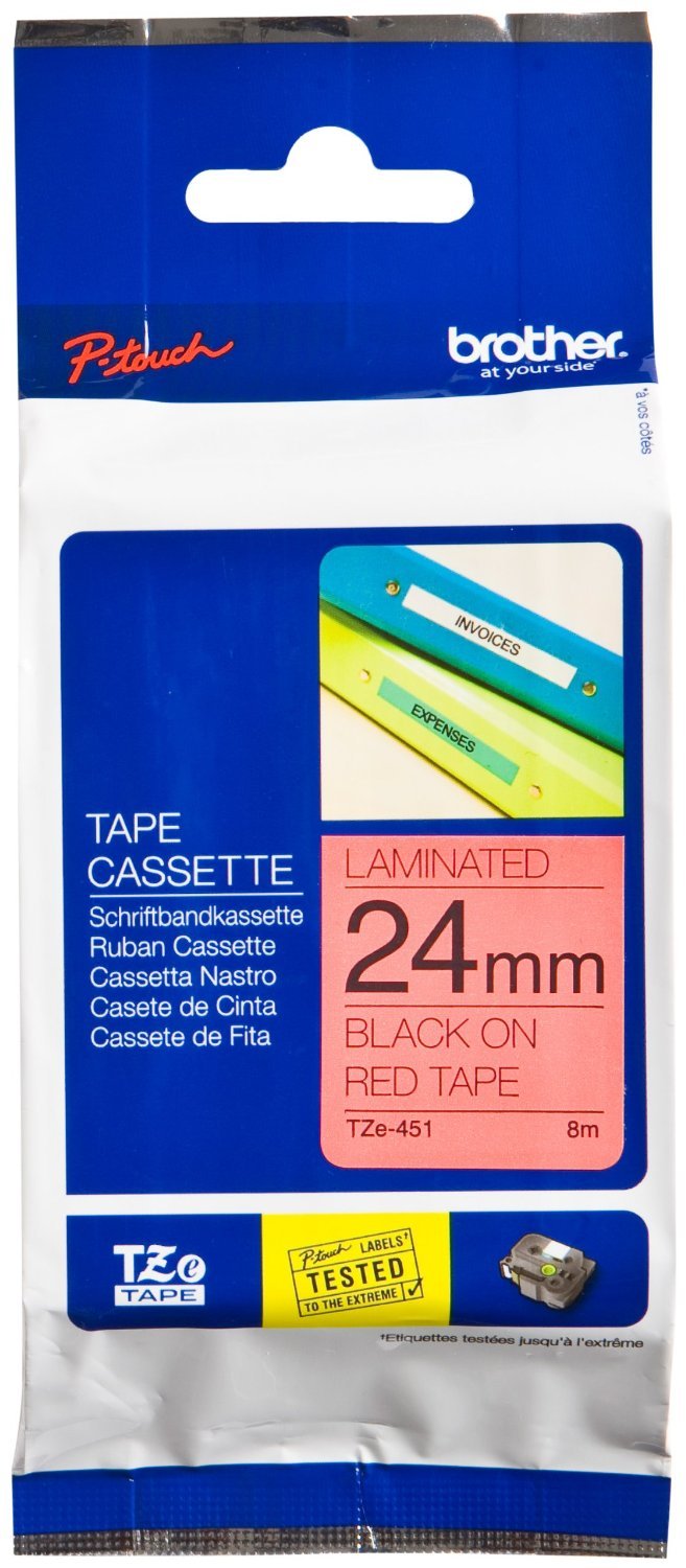Brother TZe-451 Labelling Tape Cassette, Black on Red, 24 mm (W) x 8M (L), Laminated, Brother Genuine Supplies