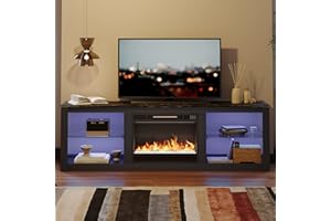 Bestier Electric Fireplace TV Stand for 75 inch TV, LED Entertainment Center with Glass Shelves for Living Room Morden 70 inch TV Cabinet Black Marble