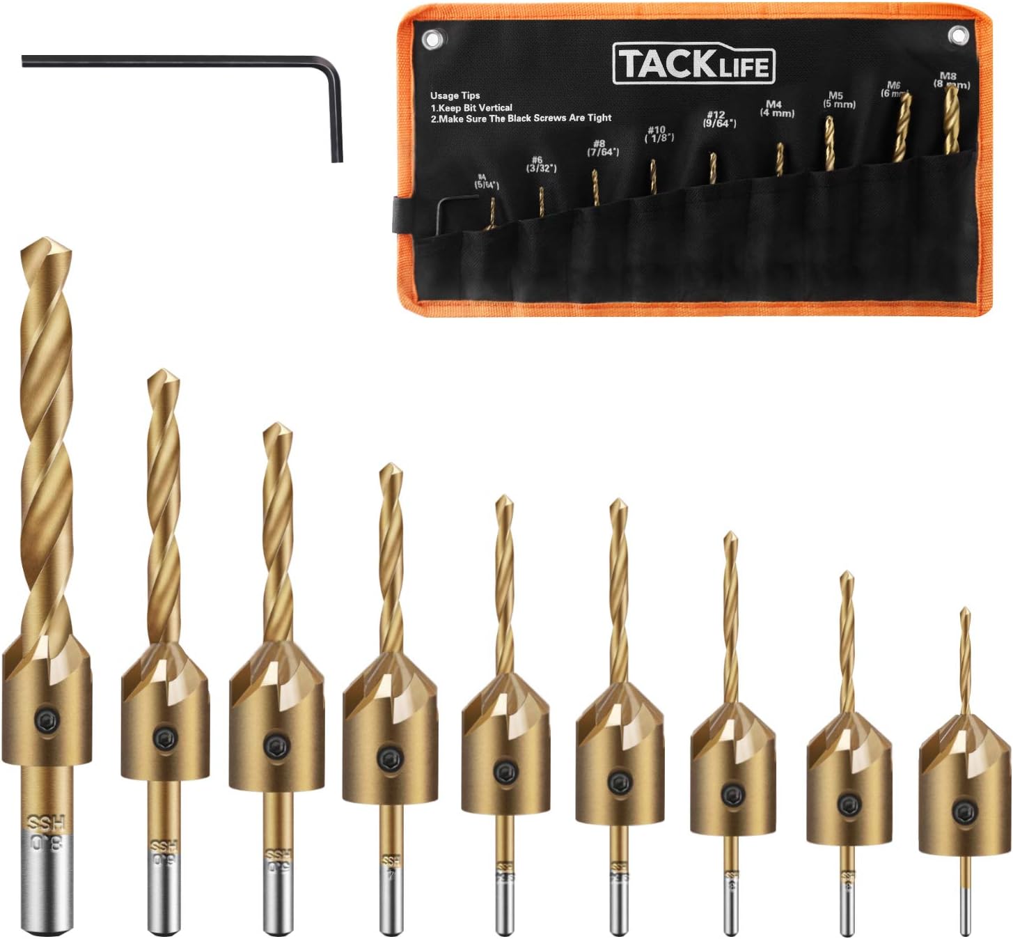 Countersunk Drill Bits Set, TACKLIFE 9 Pcs Countersink Drill Bit, 1 Hex Key Wrench, High-Speed Steel, Adjustable Carpentry Reamer Plated for Wood DIY - CDB01