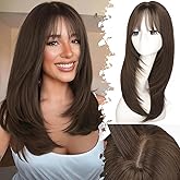 Eawwii Beginner-Friendly Wig with Bangs for Women Medium Brown Straight Face-Framing Layers Hairstyle 4x4 Realistic Scalp Glueless Synthetic Wigs Medium Length for Everyday Use