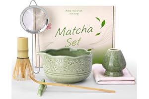 Biching Matcha Whisk Set, 7Pcs Matcha Kit with Matcha Bowl with Cherry Design, Matcha Whisk and Holder, Bamboo Scoop, Scoop R