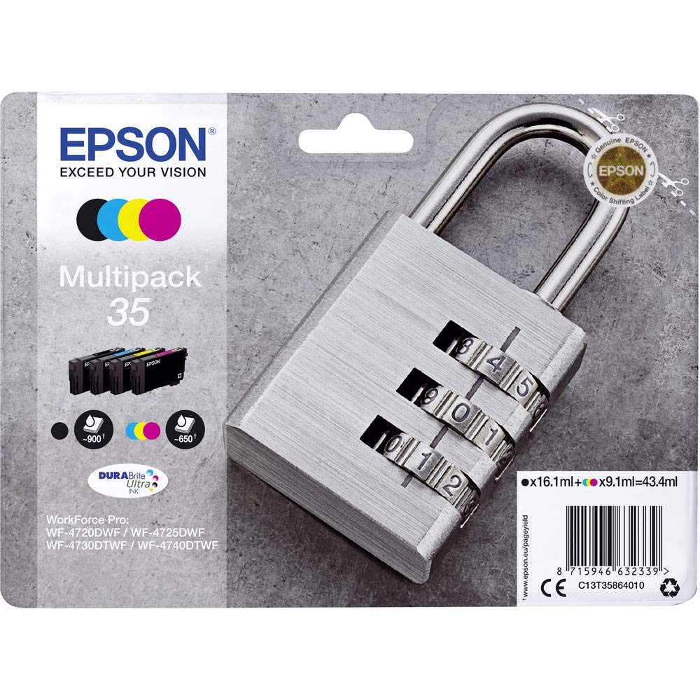 Epson 35 Padlock Genuine Multipack, 4-colours Ink Cartridges, DURABrite Ultra Ink, Black/Yellow/Magenta/Cyan, Standard