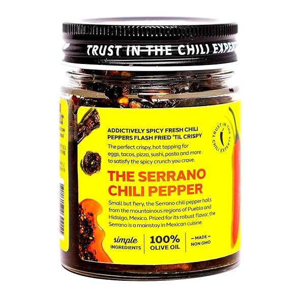 DON CHILIO MEDIUM HEAT SERRANO MEXICAN CHILE CRISP, 5 OZ. – CRUNCHY SLICED SERRANO FRIED CHILI PEPPERS IN HOT SEASONED 100% OLIVE OIL – KETO-FRIENDLY, VEGAN, GLUTEN FREE