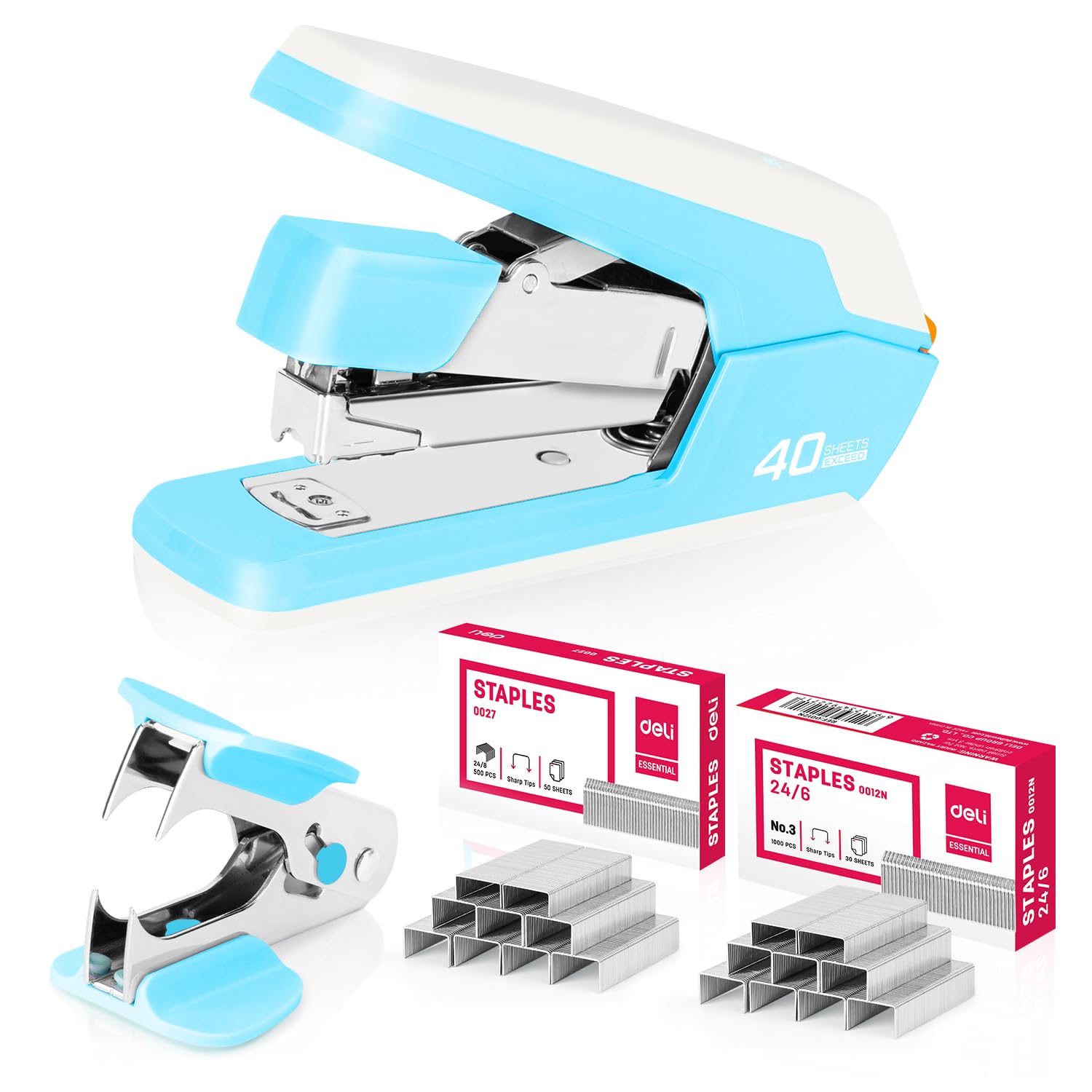 Deli Effortless Desktop Stapler, Heavy Duty Stapler, 40-50 Sheet Capacity, One Finger, No Effort, Includes 1500 Staples & Staple Remover, Sky Blue