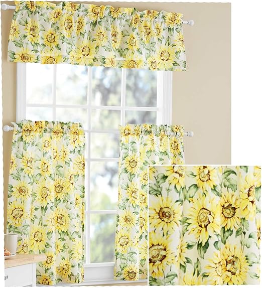 Amazon Com Sunflower 3 Piece Valance Tiers Cafe Curtain Set