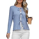 Tie Front Cardigan for Women 2025 Lightweight Cropped Ribbed Knit Shrug Fall Open Front Bow Cardigan Tops