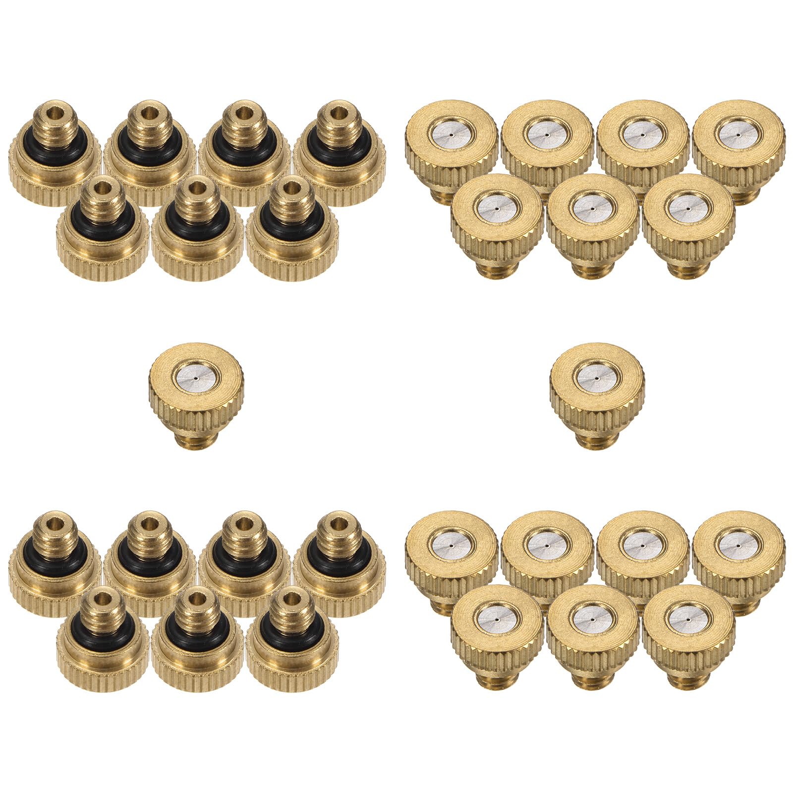M METERXITY 30-Pack Brass Misting Nozzle, 0.016" 0.4mm Orifice 10/24 UNC O-Ring Replacement Mister Nozzles Plug Mister Heads for Garden Patio Outdoor Cooling System Low-Pressure Atomizing