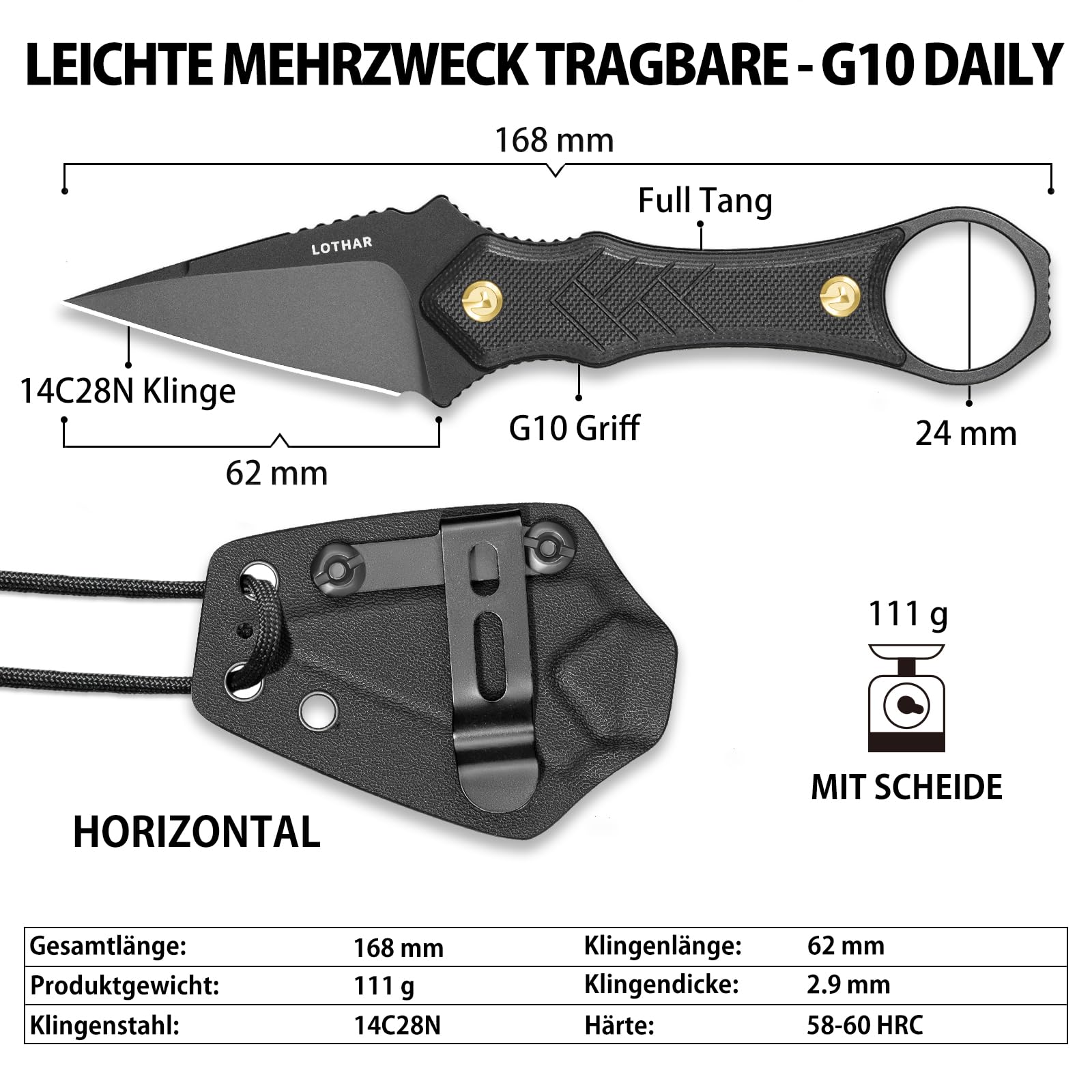 LOTHAR PORCUPINE 14C28N Stahl Neck Knife Messer,42A Fulltang Kleines Feststehendes Messer mit G10 Griff, Outdoor Messer mit Kydex Scheide und Gürtelclip (Schwarze Klinge) 6