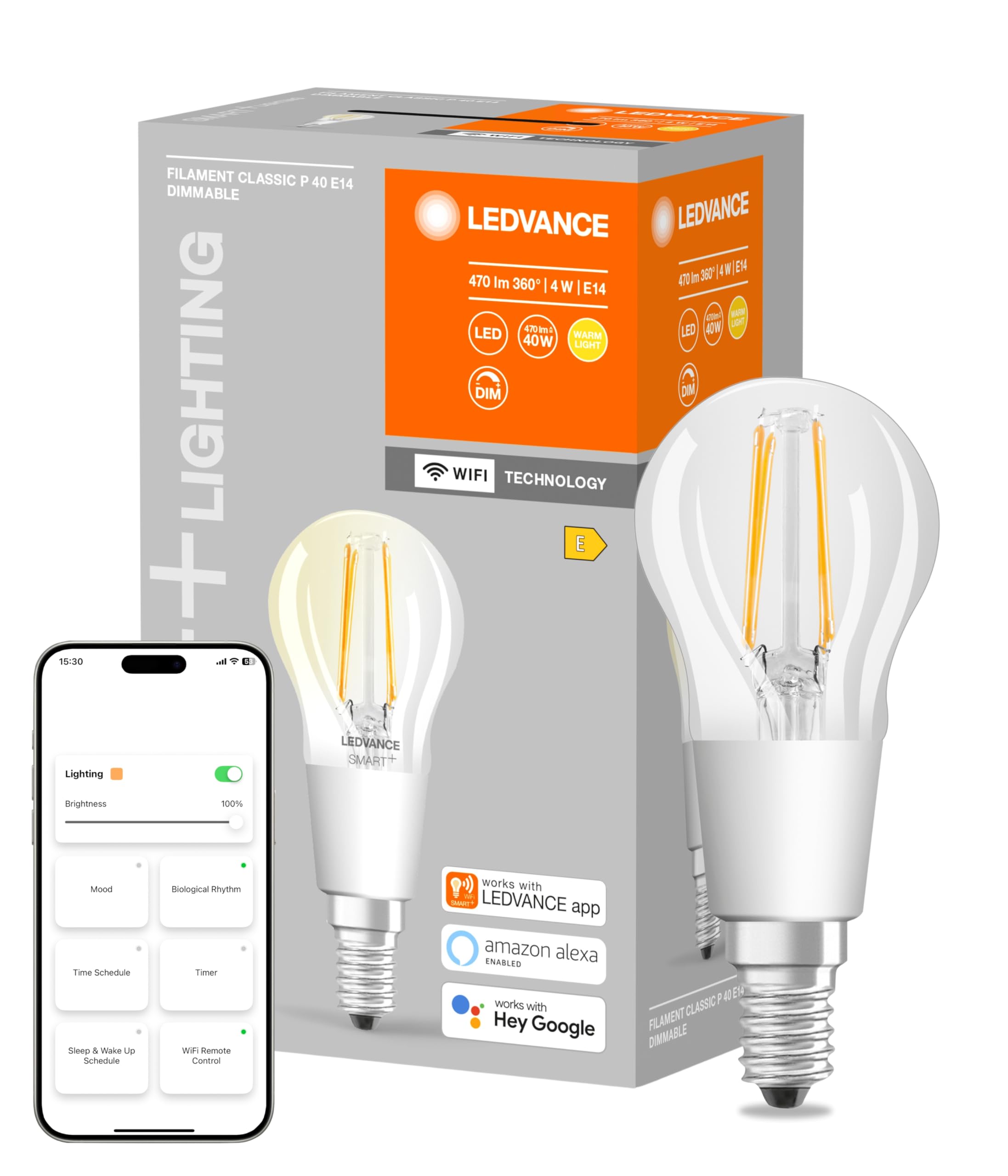 LEDVANCE Smart LED bulb with Wifi technology, E14 base, Dimmable, Warm white (2700K), Drop shape, Clear filament, Replacement for conventional 75W bulbs, Controllable with Alexa, Google & App, 1-pack. SMART WIFI P40D