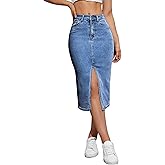 Womens Denim Pencil Skirts Mid Long High Waist A line Midi Jean Skirt Split Hem Skirts for Ladies.