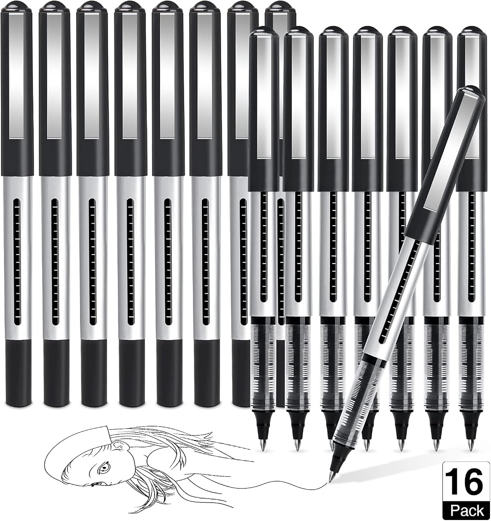 AKARUED 16 Pack Rollerball Pens 0.5mm Black Gel Ink Quick-Dry