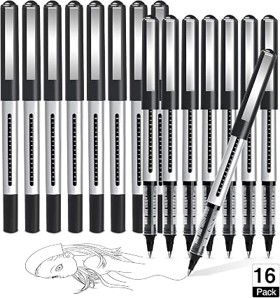 AKARUED 16 Pack Rollerball Pens 0.5mm Black Gel Ink Quick-Dry