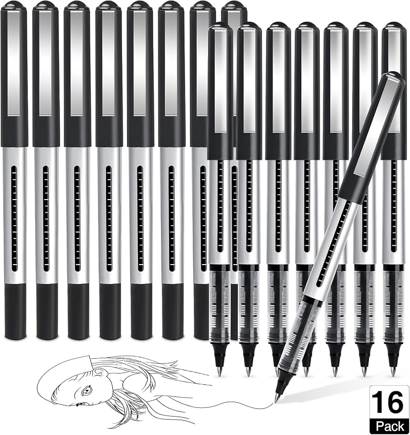 AKARUED 16 Pack Rollerball Pens 0.5mm Black Gel Ink Quick-Dry