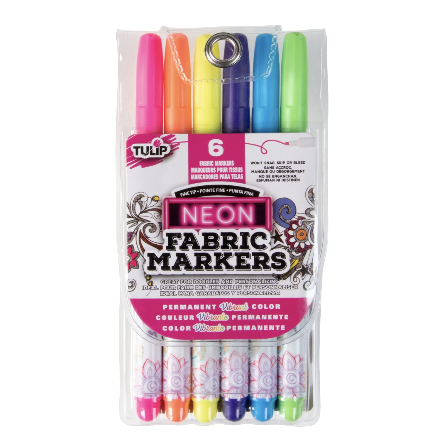 Tulip Fine Tip Permanent Fabric Marker Pens (Neon Colours, Pack of 6)