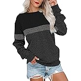 Poetsky Women's Color Block Long Sleeve Tunics Tops Casual Round Neck Loose Shirts Blouses Black Gray XL