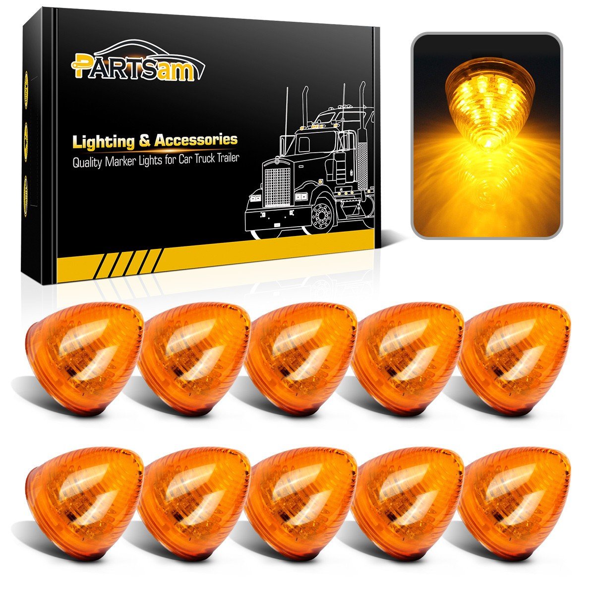 Photo 1 of Partsam 10Pcs 2 inch Amber 9LED Side Marker Lights, 2" Beehive Light, Round Cone Clearance Lights for 12V Trailer Truck Replacement for Peterbilt Kenworth Freightliner