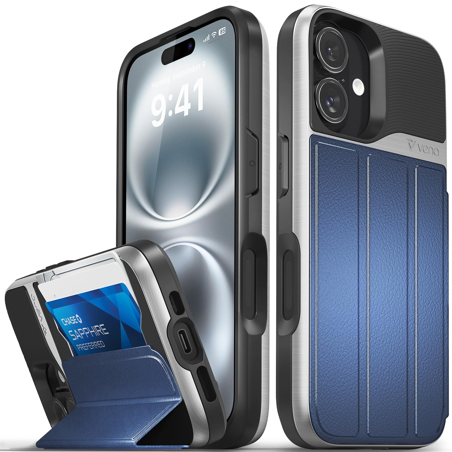 VENA vCommute for iPhone 16 Wallet Case, [Military Grade Drop Protection] Flip Leather Cover Slot Card Holder with Kickstand - Blue — image 1