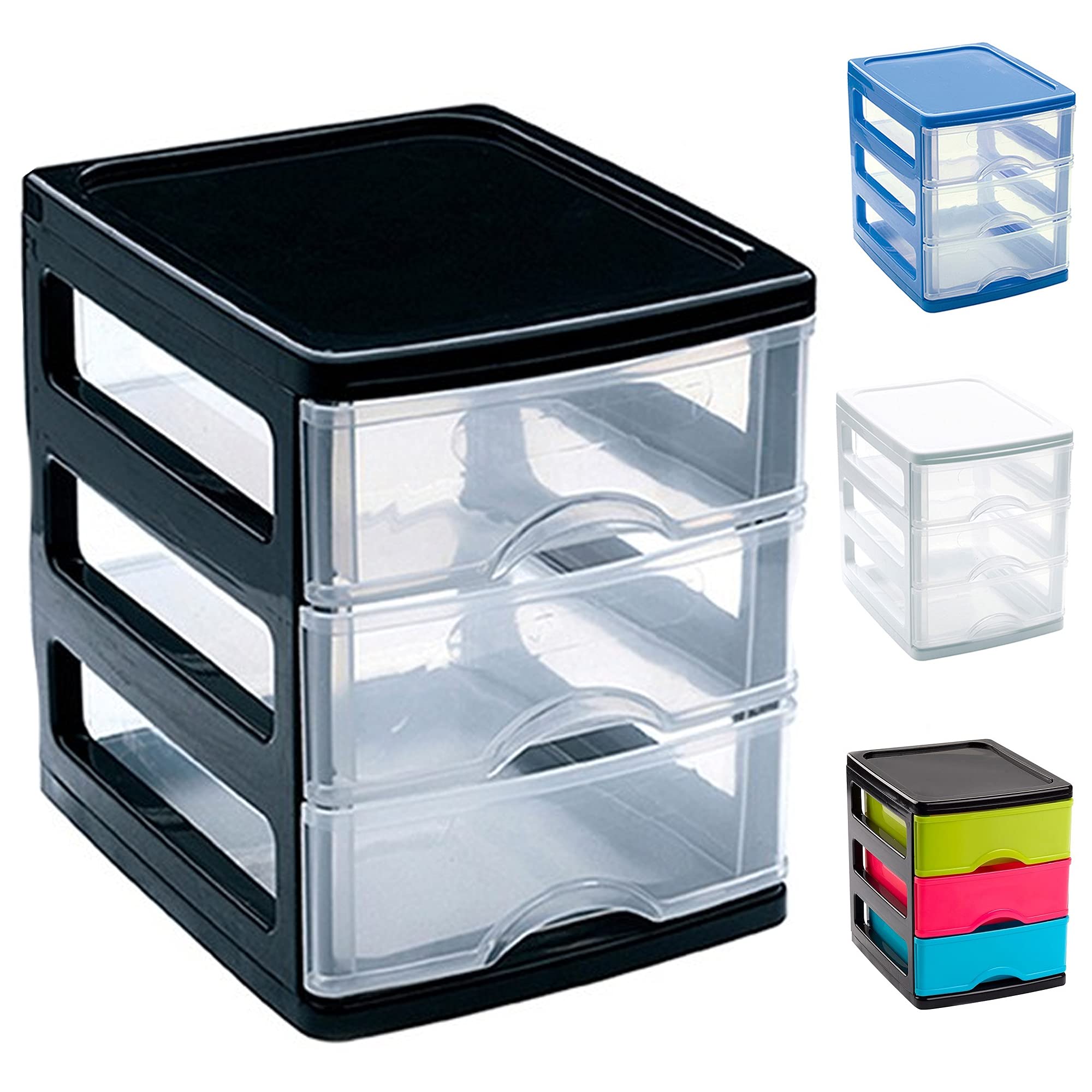 3 Drawers Plastic Desktop Storage Unit with Drawers, Stationary Arts Drawer Desktop Tabletop Organiser Storage Tower Unit for Office Bedroom Garage (17 x 13.5 x 17cm, Black with Clear Drawers)
