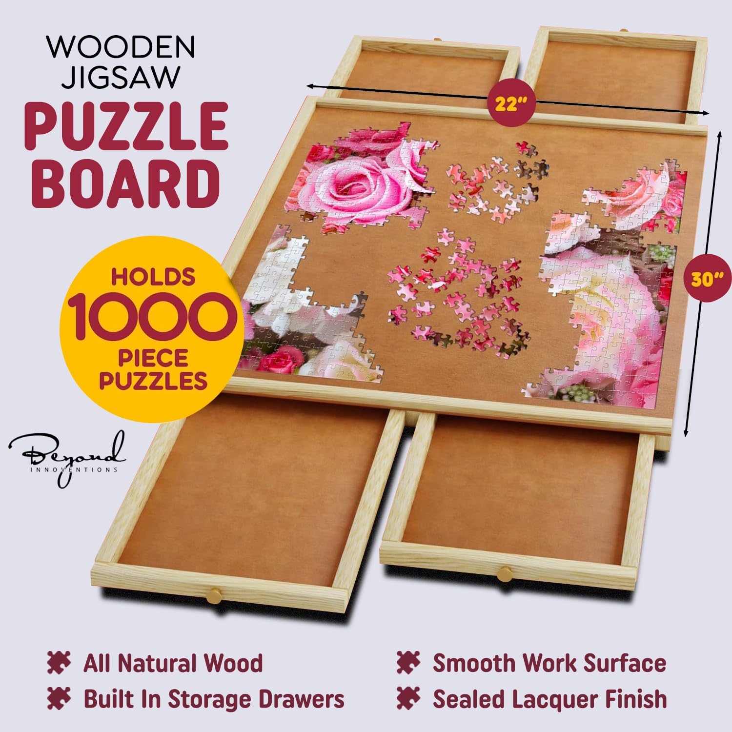 1000 Piece Rotating Puzzle Board with Drawers and Cover - 4 Drawers, Wooden Jigsaw Puzzle Table | 30” X 22”| Jigsaw Puzzle Board - Portable Puzzle Tables for Adults and Kids by Beyond Innoventions