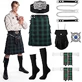 Shihanee 6 Pcs Men's Scottish Kilt for St. Patrick's Costume Accessories Include Tartan Kilt Flashes Belt Pouch with Chain Socks Brooch Traditional Scottish Set for Irish Highland Games Bottoms Outfit