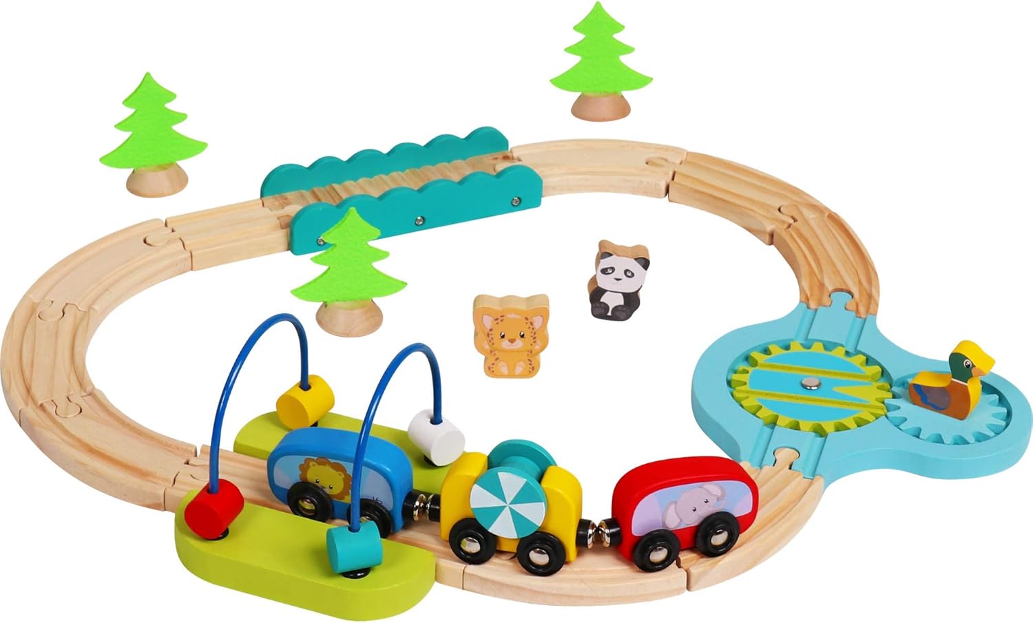 Vesta Baby My First Railway Train Set - 24 Piece Beginner Wooden Rail Activity Toy for Kids - Wood Double-Sided Compatible Tracks with Magnetic Trains, Age 18 Months 2 3 4 Years Old Toddler Boys Girls