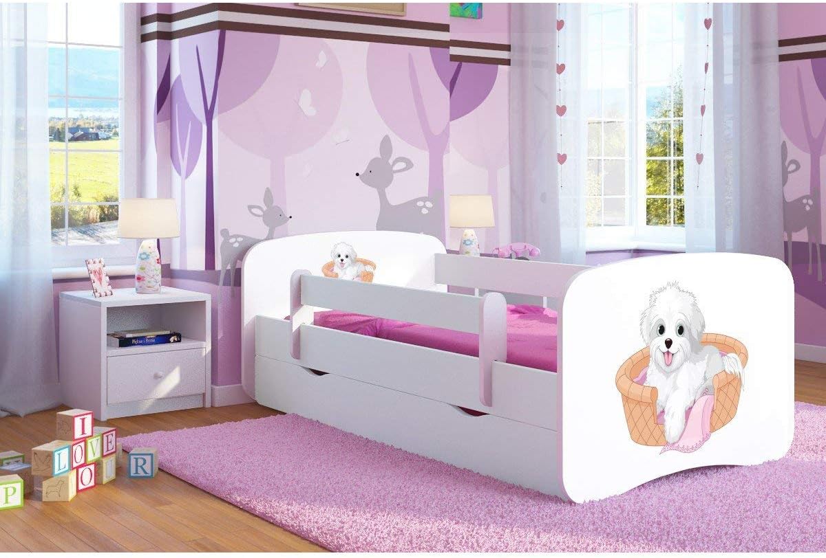 White Toddler Girl Bed Kids Bed Princess Children's Single Bed with Mattress and Drawer Included - BD,(180x80,Puppy)