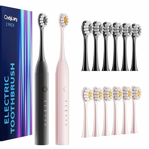 CindyLary 2 Pack Electric Toothbrush Set, Comes with 12 Brush Heads & 2 Electric Toothbrush,5 Modes with 2 Minutes Built in Smart Timer, One Charge for 60 Days, 38000 VPM Motor,Black and Pink.