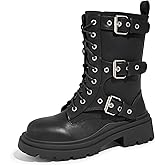 LUCKY STEP Women's Combat Boots-Platform Chunky Mid Calf Boots Ankle Booties Motorcycle Side Zipper Buckles Goth Booties