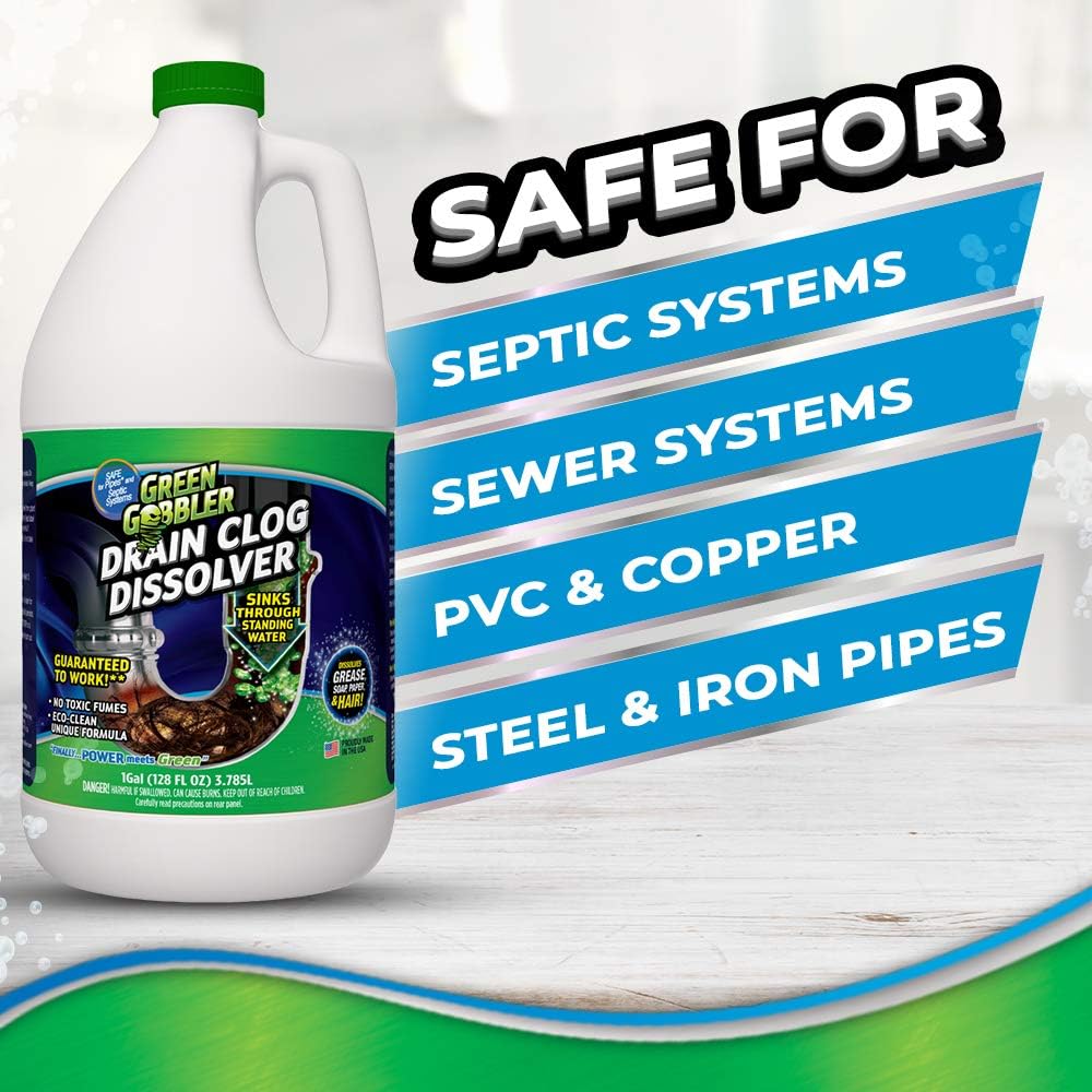 Liquid Clog Remover By Green Gobbler - Drain, Toilet Clog Remover, DISSOLVE Hair & Grease From Clogged Toilets, Sinks And Drains - Drain Cleaner, Works Within Minutes - 1 Gallon: Garden & Outdoor