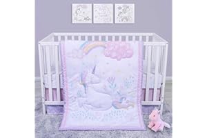 Sammy & Lou Sweet Unicorn 4-Piece Baby Nursery Crib Bedding Set for Girls, Includes Quilt, Fitted Crib Sheet, Crib Skirt, and Plush Toy