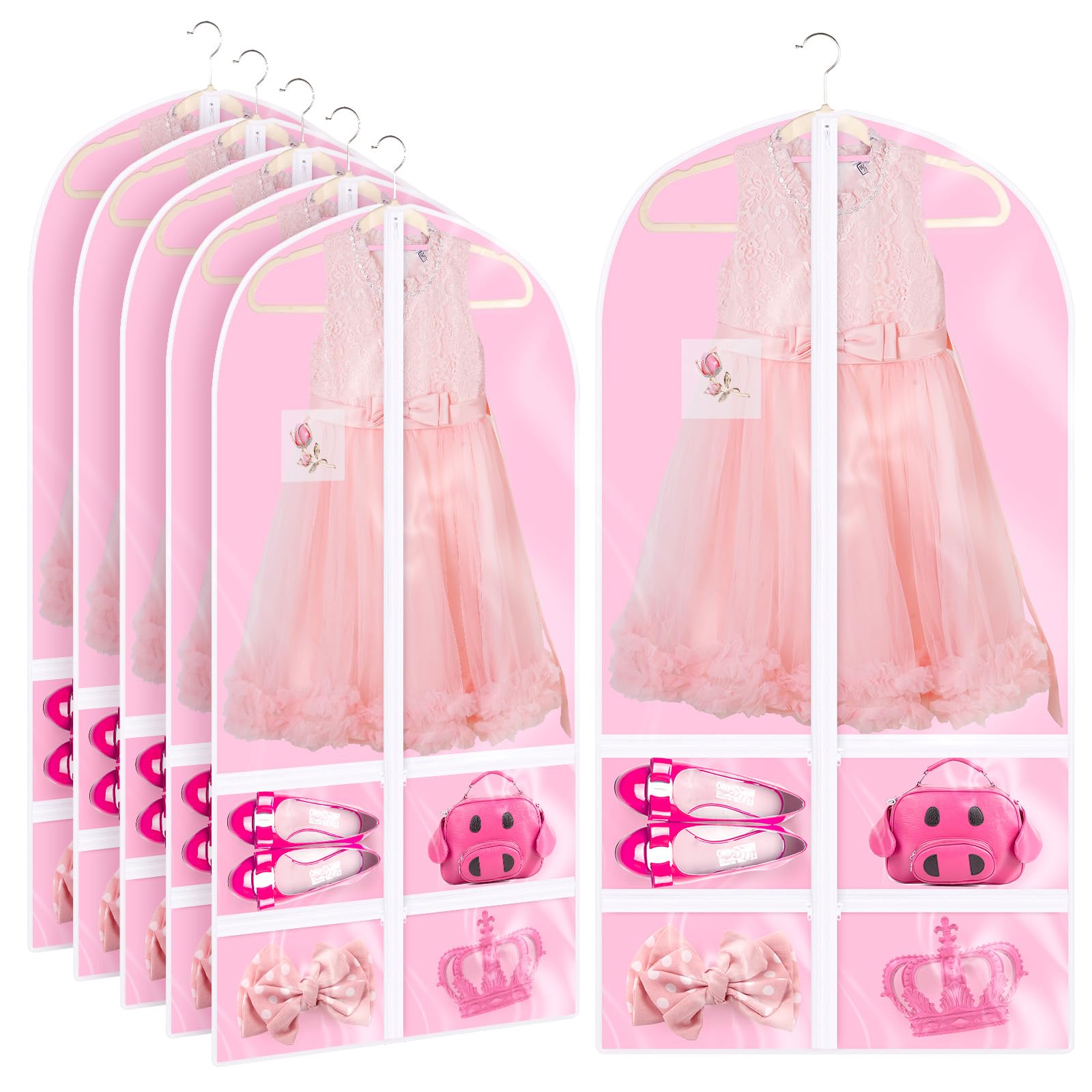 Photo 1 of 6Pcs Dance Garment Bags, 50x20" Clear PVC Dance Costume Bags for Kids Dance Competitions, Dancers, Garment Bag With Pockets And Zippers, Pink