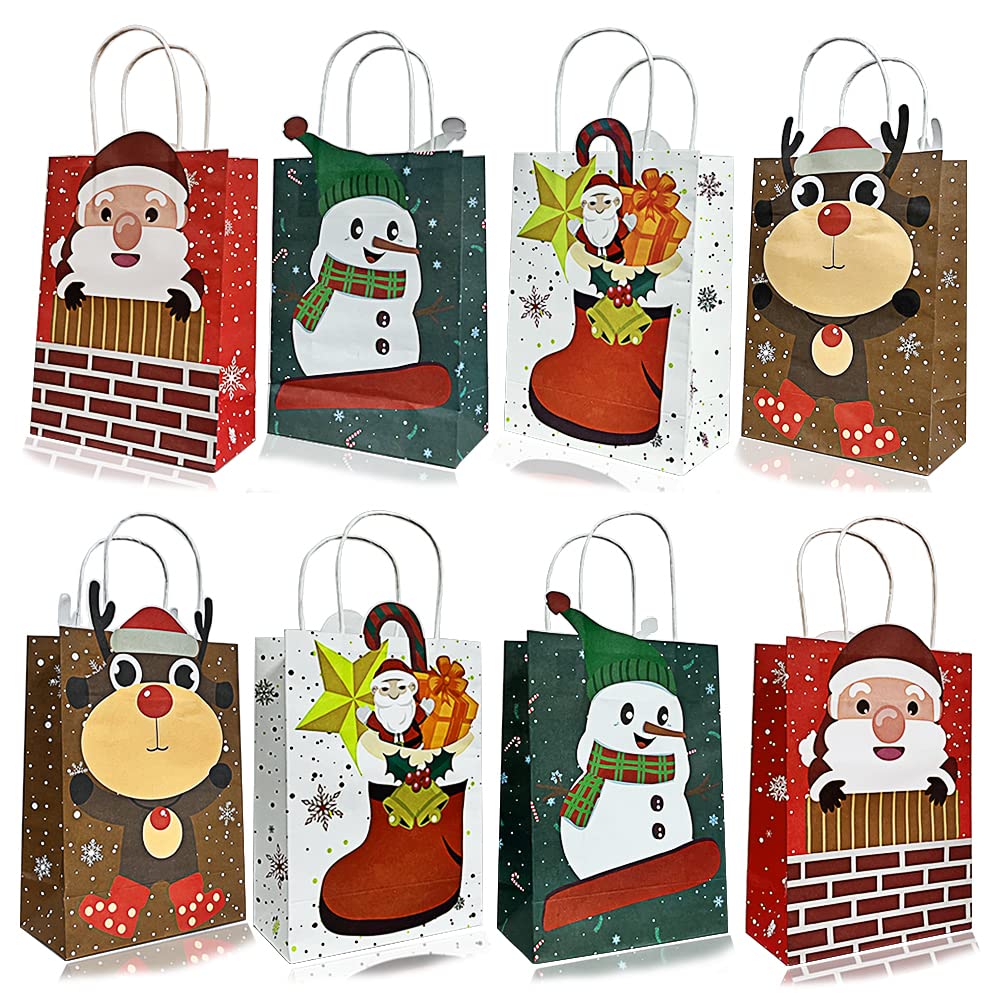 16 Pack Christmas Kraft Gift Bags, OEMG Small Xmas Gift Bags Recyclable Christmas Wrapping Paper Bags with Handles for Holiday Party New Year Presents - 22x16x8cm