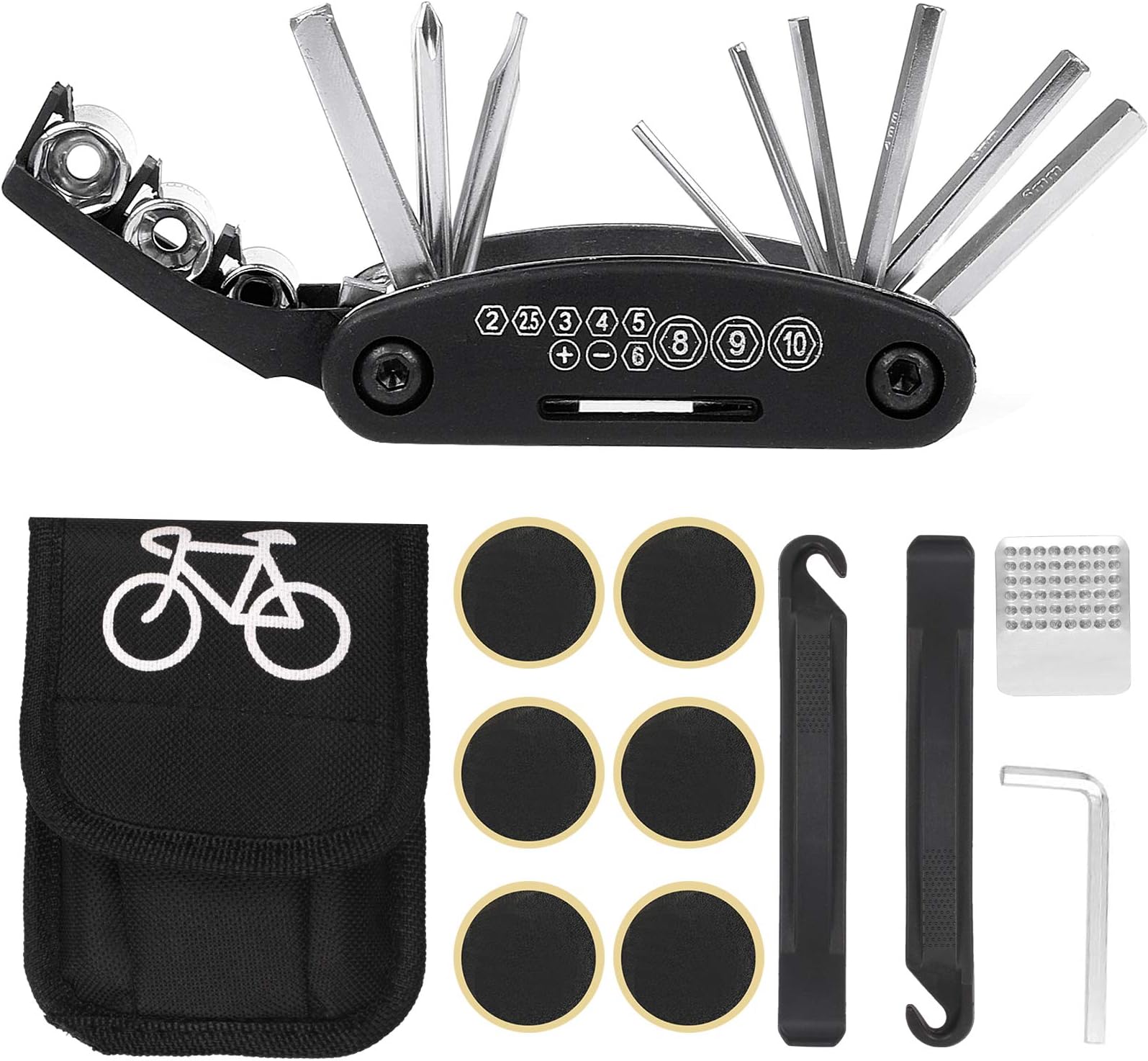Camelize Bike Tool Kit,16 in 1 Multi-Function Bicycle Repair Tool kit with Puncture Repair Kit, Tire Lever,Tire Rods,Metal Tire Rasp Safety Emergency All In One Storage Bag