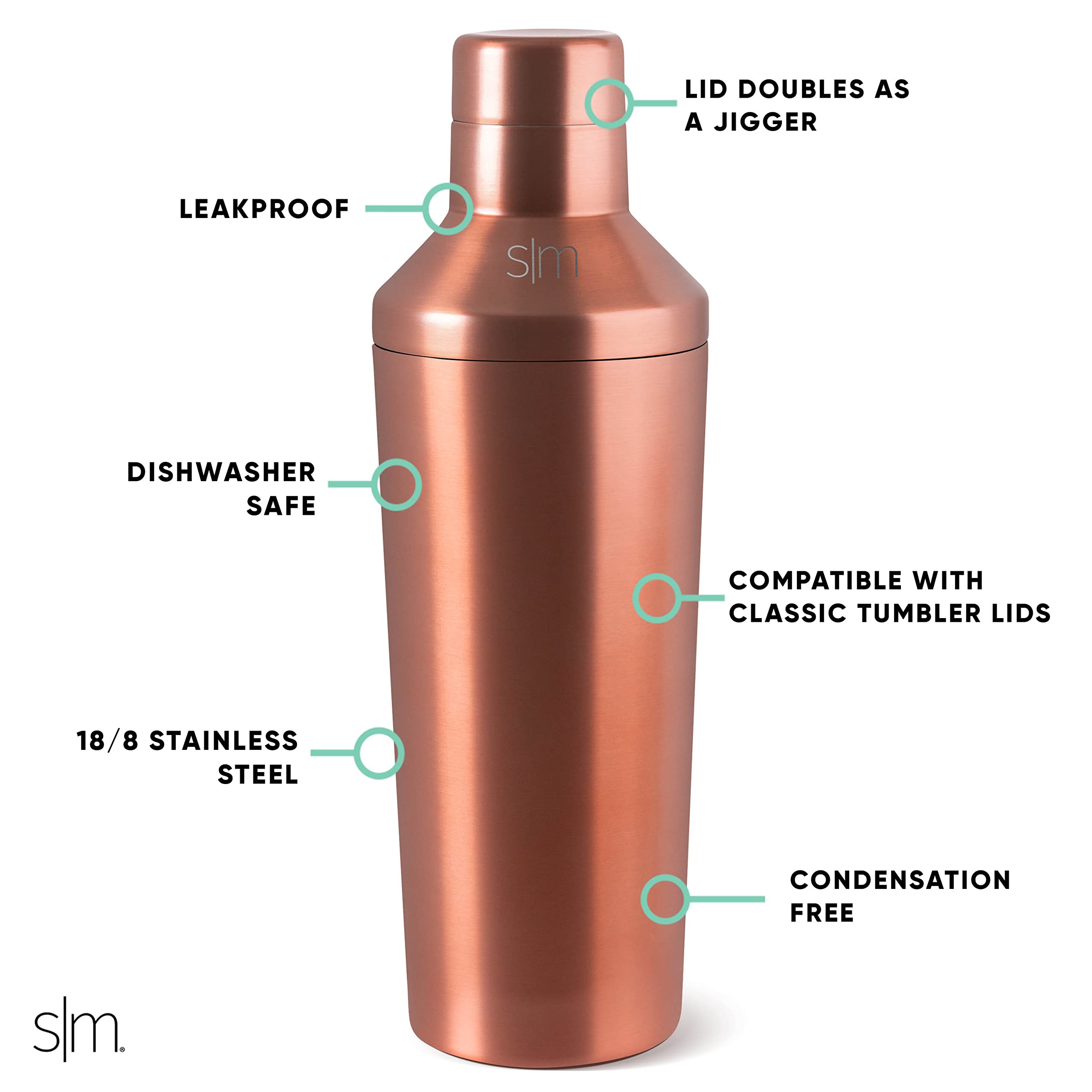 Simple Modern Cocktail Shaker Set with Jigger Lid | Stainless Steel Boston Shaker Insulated Martini Mixer for Mocktails | Gifts for Men Women Him Her | Classic Collection | 20oz | Metallic Copper