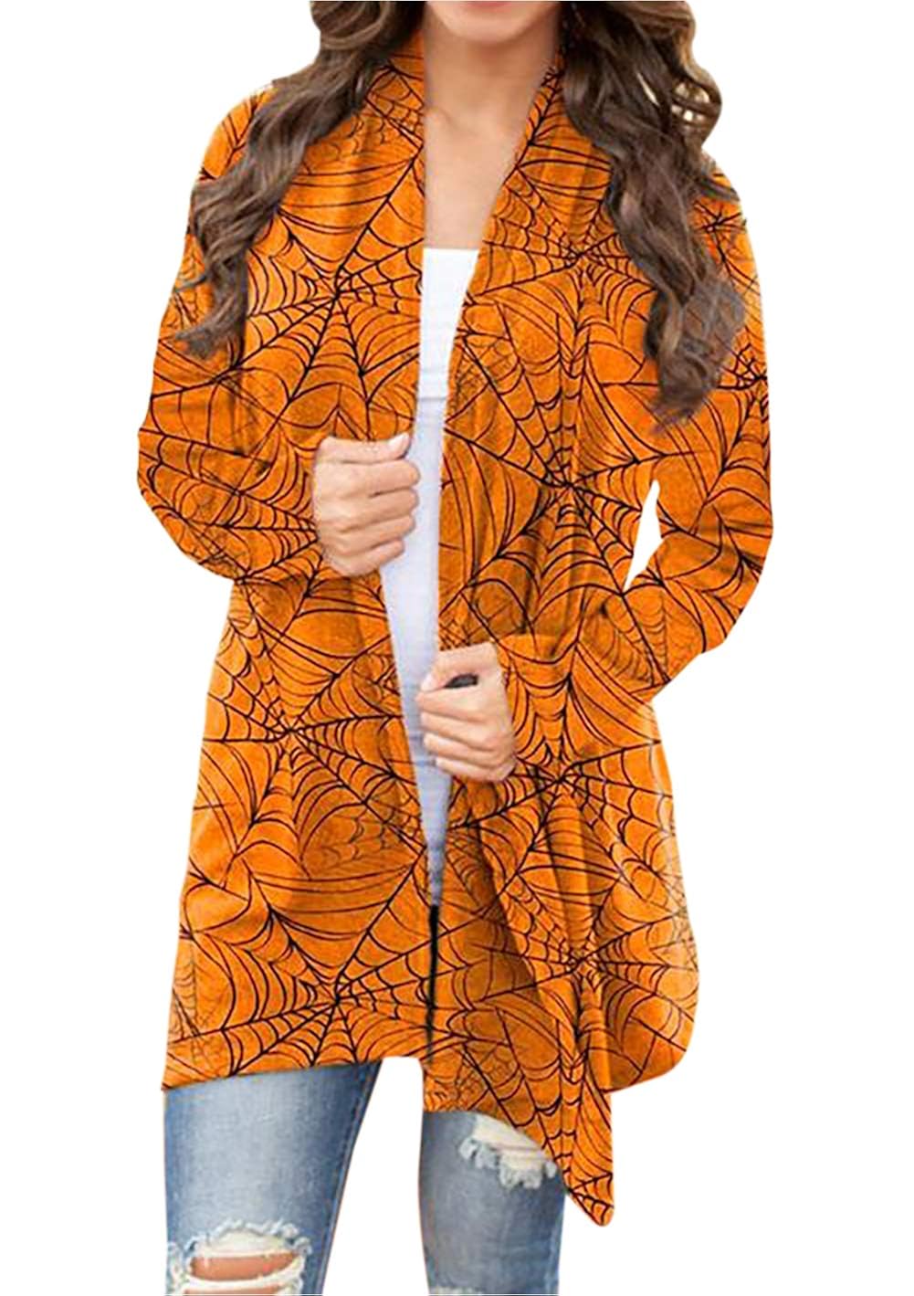 Buy Halloween Women's Cardigan Pumpkin Bat Print Open Front Long Sleeve Cardigan Sweater 