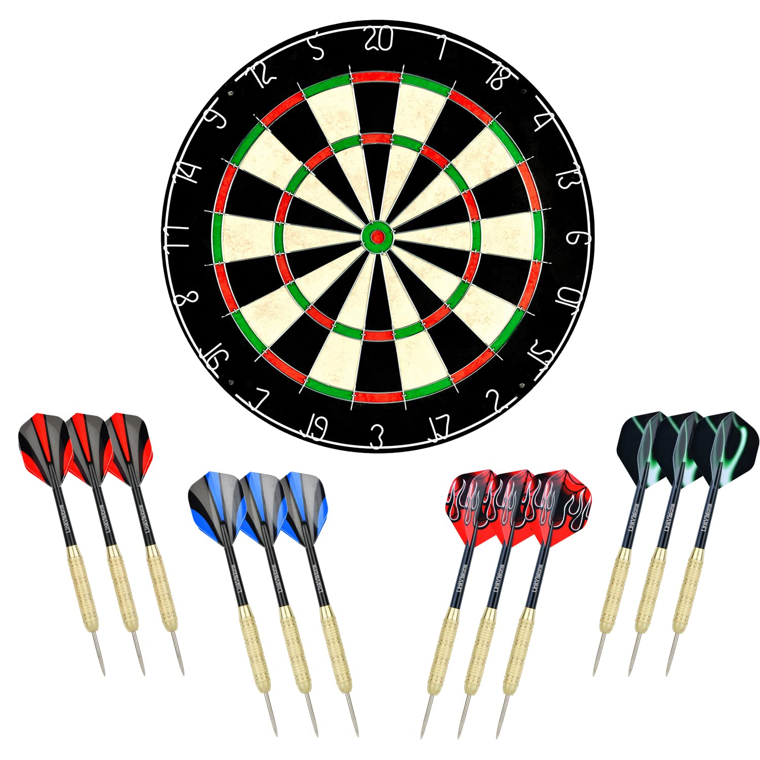 LinkVisions Dartboard with Staple-Free Bullseye, 18g Steel Tip Darts Set,12 Steel Tip Darts 18g, Dartboard Mounting Kits Included