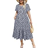 Younrui Women's Plus Size Midi Casual Dress with Pockets 1X-4X Tiered Short Sleeve Relax Fit Crewneck Summer Dresses